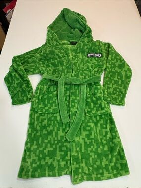 Kids Minecraft Green Hooded Robe - Plush Pajama Robe | Size 11-12